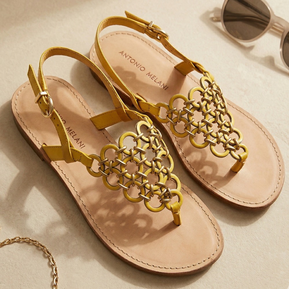 Antonio Melani Gold Chain Thong Sandals Leather Flat Strappy Womens Size 9 Boho